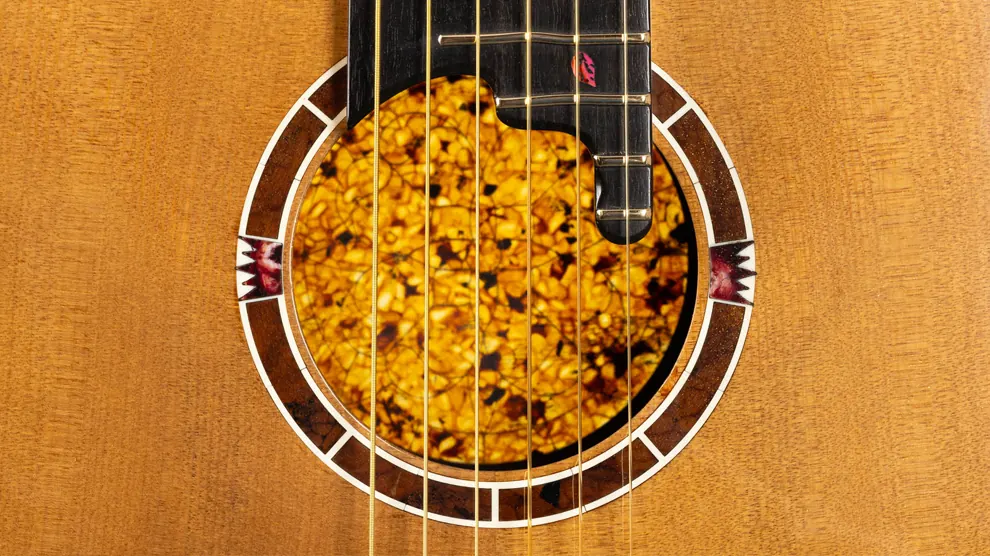 Amber rosette detail on a Turkowiak guitar